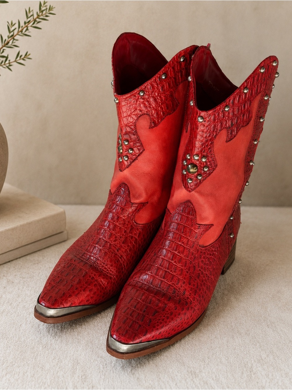 Sutton Plaza Red Studded Western Ankle Boots Size 7 Croc Embossed Leather
